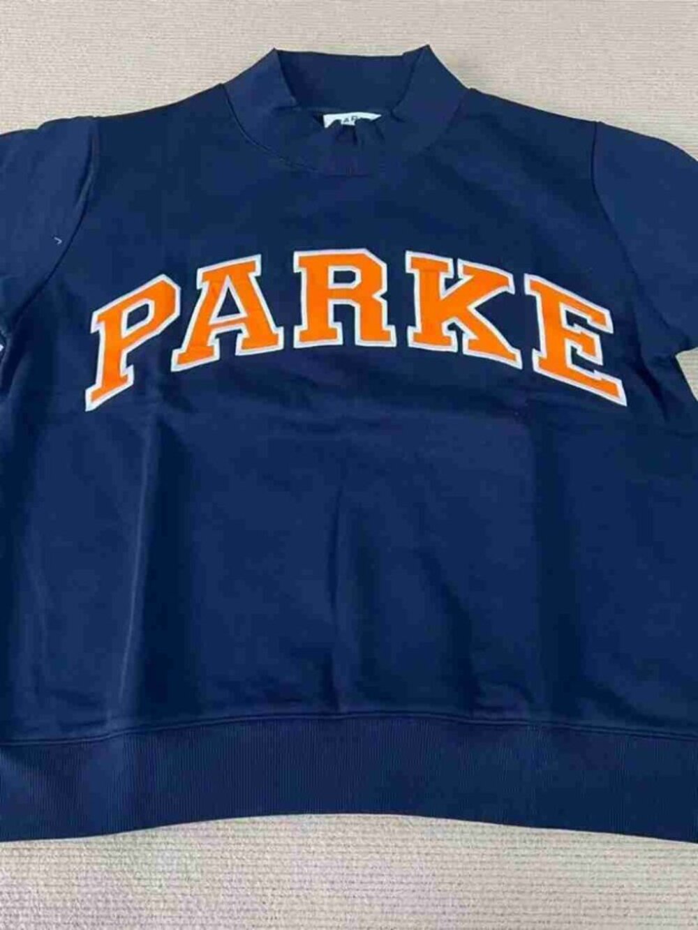 PARKE Dark Blue Mock Neck Orange Varsity Logo Sweatshirt
